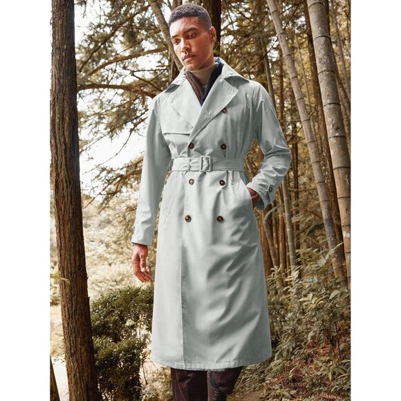 Mens Light Grey Double Breasted Belted Windbreaker Jackets Lapel Trench Coat - Picture 3 of 5